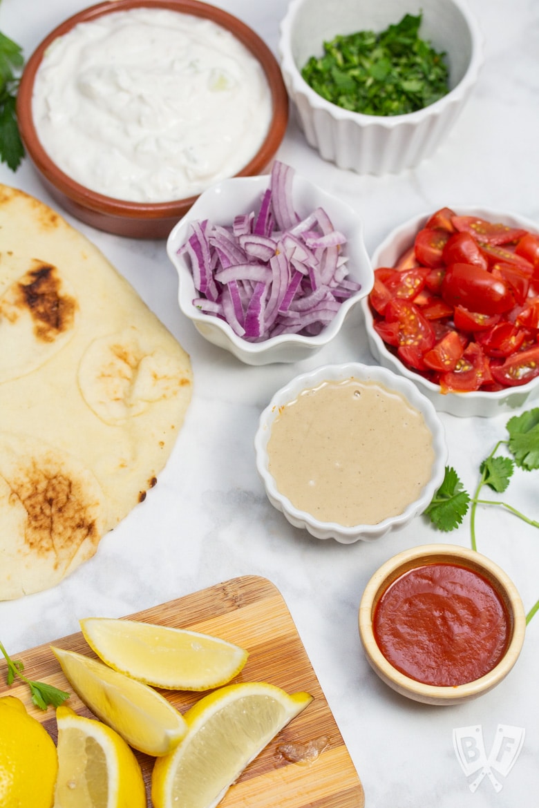 Overhead view of the ingredients for Falafel-Spiced Chickpea Flatbreads.