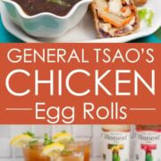 A platter of General Tsao’s Chicken Egg Rolls with dipping sauce served with iced tea.