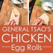 Overhead view of the assembly process for General Tsao’s Chicken Egg Rolls.