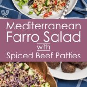 Overhead view of Mediterranean Farro Salad with Spiced Beef Patties and a cutting board of lemon wedges with fresh herbs.