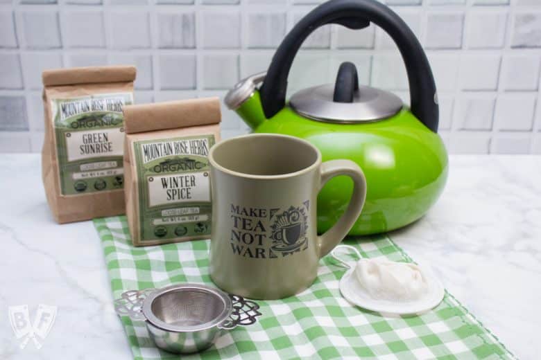 Assortment of reusable tea products for reducing kitchen waste.