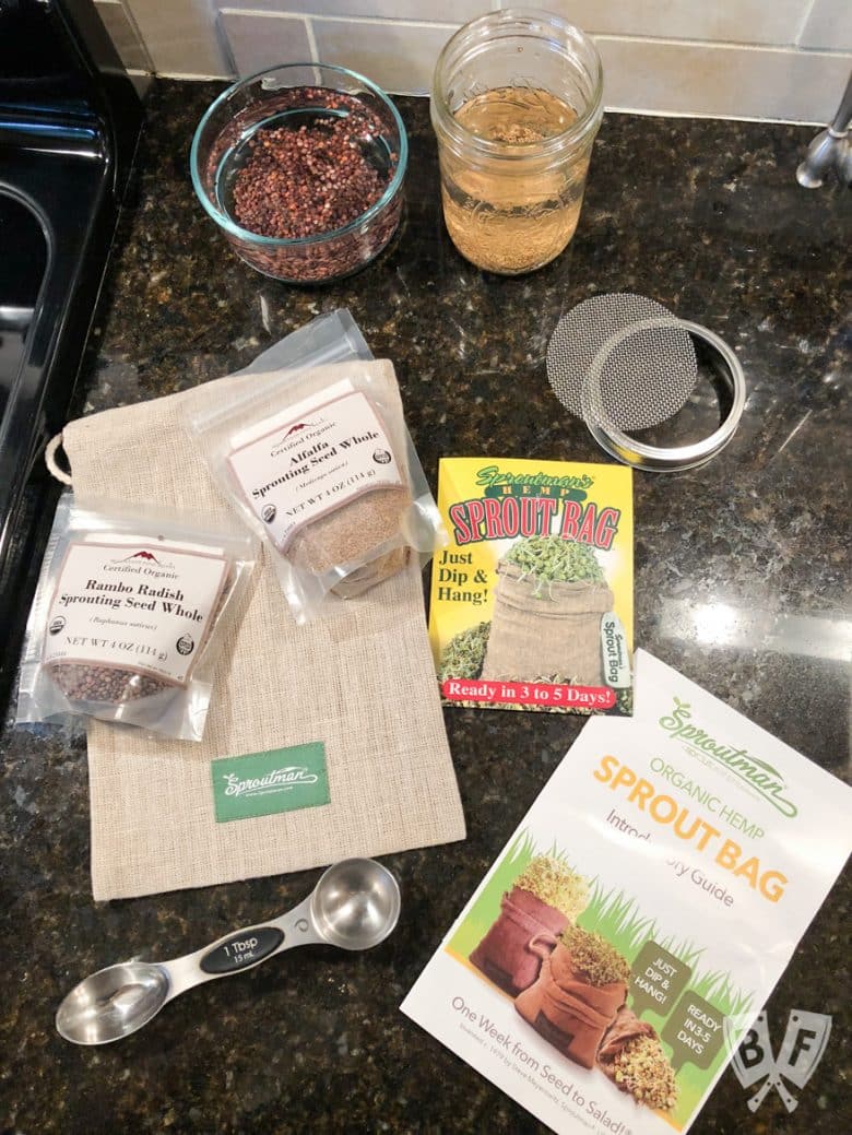Bags of seeds and materials for growing sprouts at home.