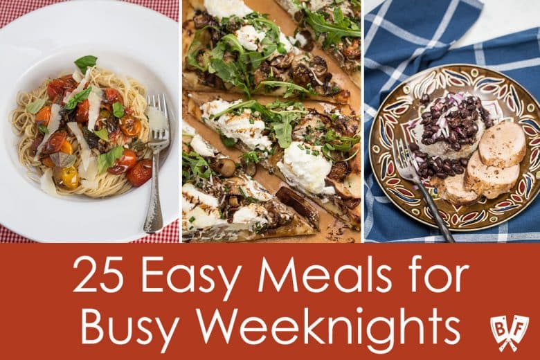 Collage of examples of easy weeknight meals.