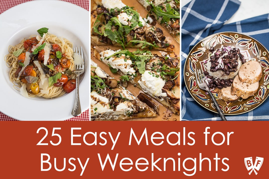 Collage of examples of easy weeknight meals.
