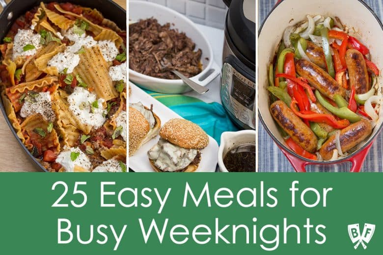 Collage of examples of easy weeknight meals.