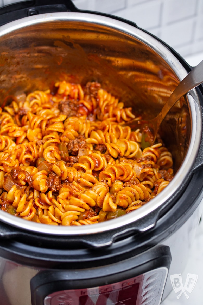 Overhead view of Instant Pot Tomato Beef Pasta.