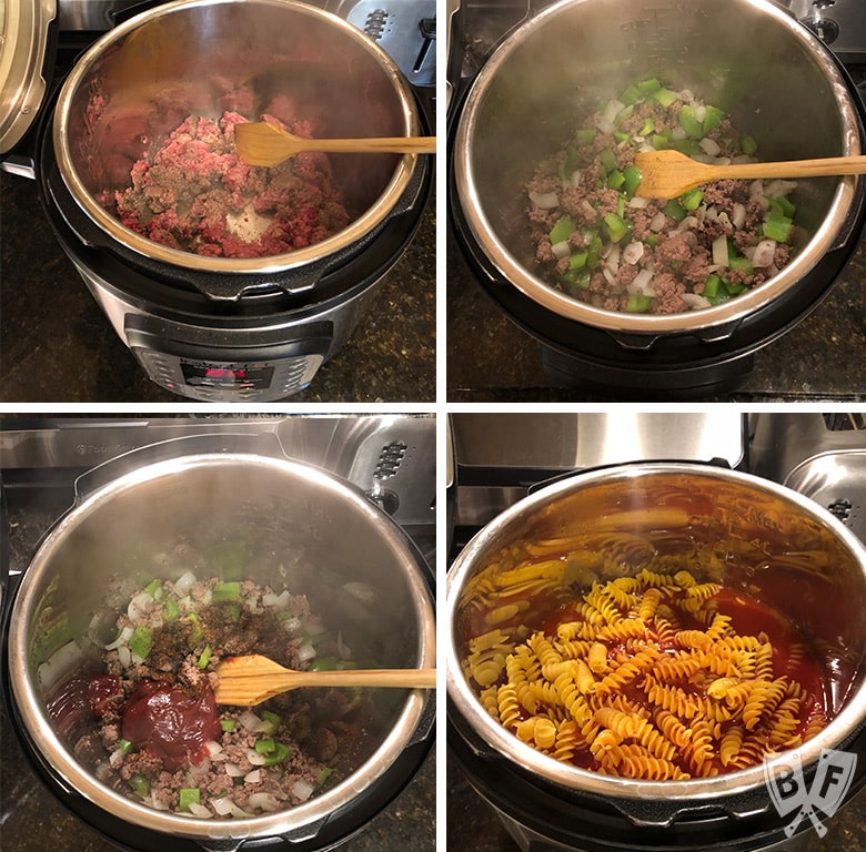 4 photos of steps for making Instant Pot Tomato Beef Pasta