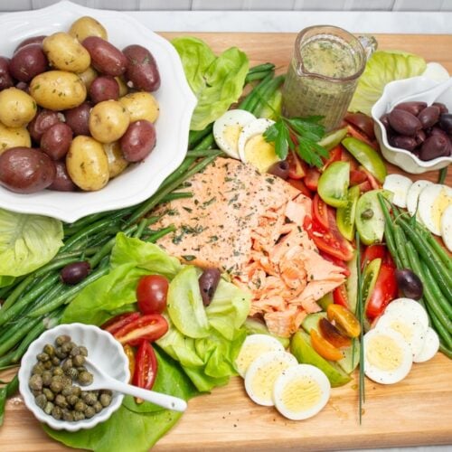 Overhead view of a King Salmon Niçoise Salad Board.