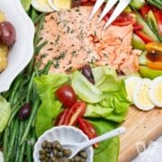 Overhead view of a King Salmon Niçoise Salad Board.