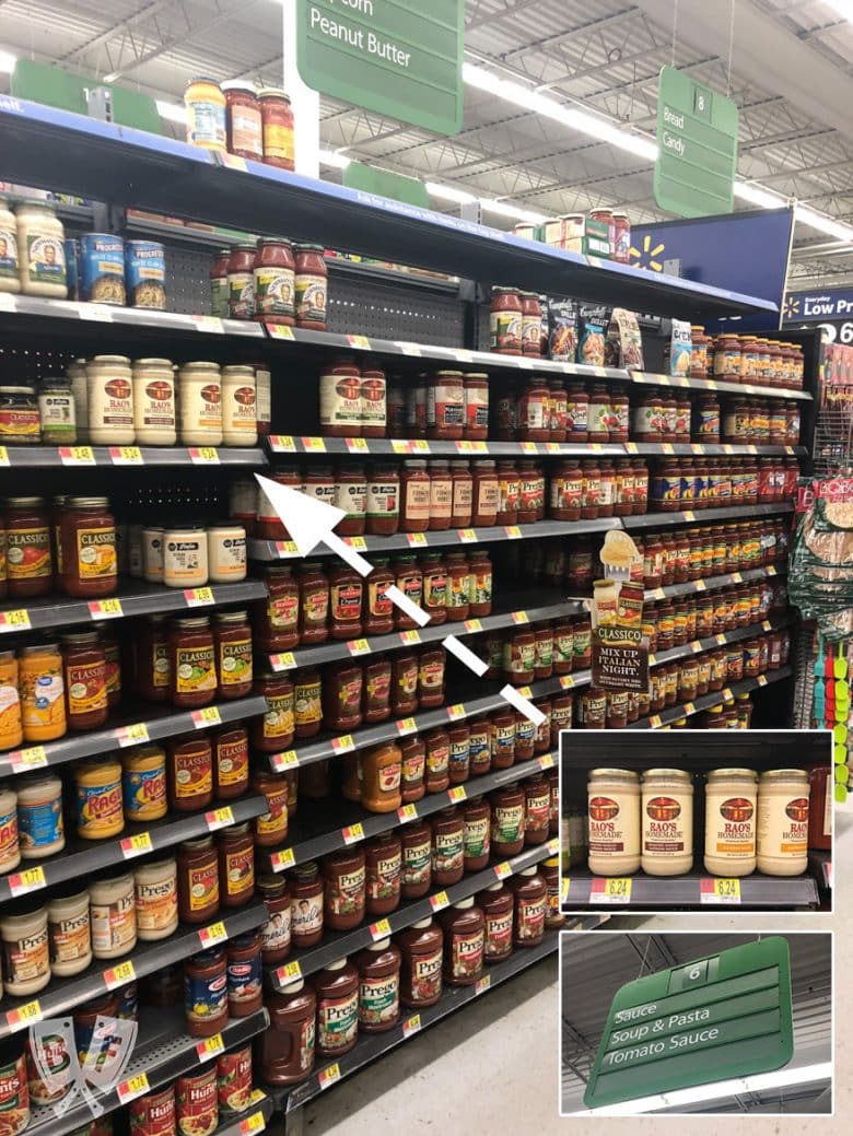 Aisle at Walmart showing where to find jars of Rao's pasta sauce.