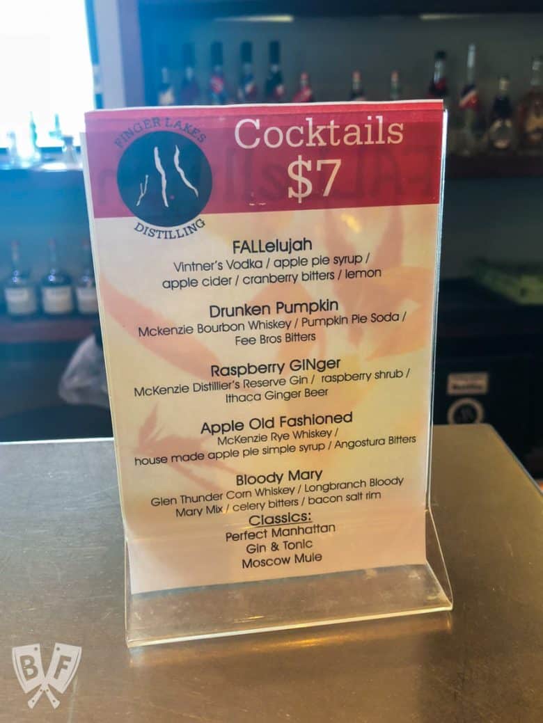 Cocktail menu at Finger Lakes Distilling