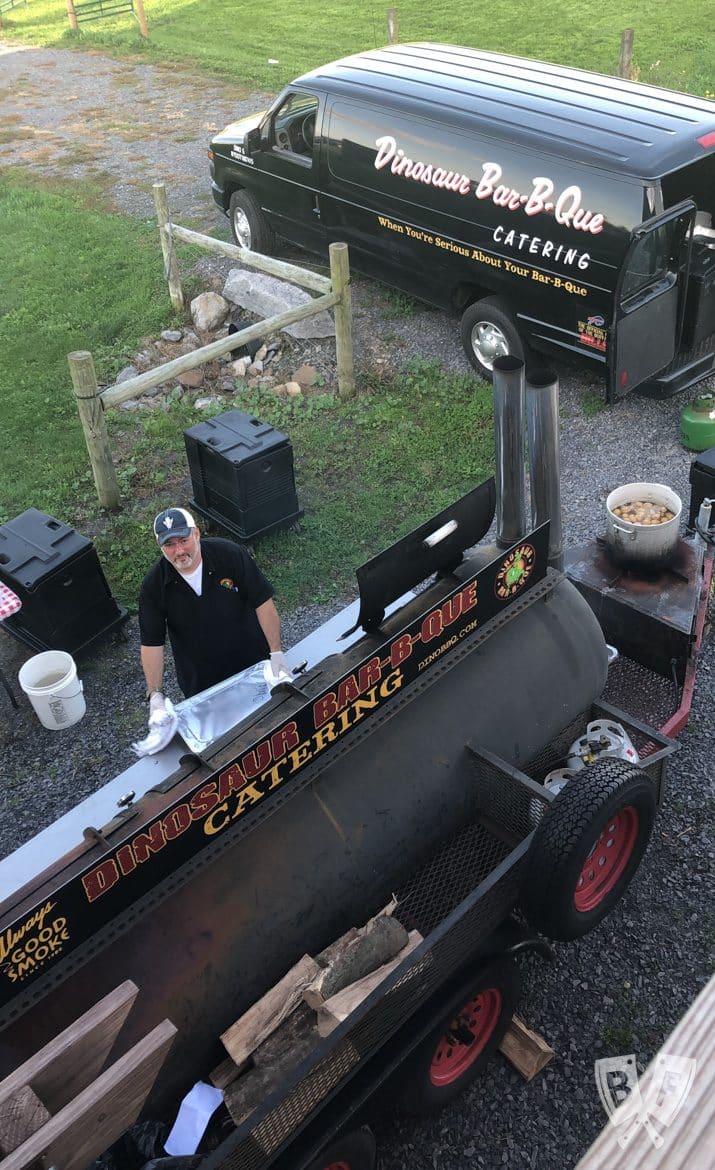 Aerial view of Dinosaur Bar-B-Que catering setup.