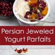 Persian Jeweled Yogurt Parfaits assembled and with ingredients spread out around the cups.