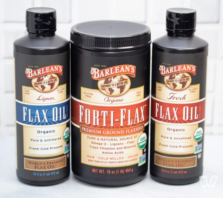 Bottles of Barlean's flax products