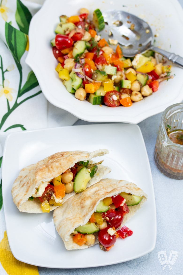 Mediterranean Chickpea Salad with Lemon-Herb Vinaigrette stuffed into pita bread