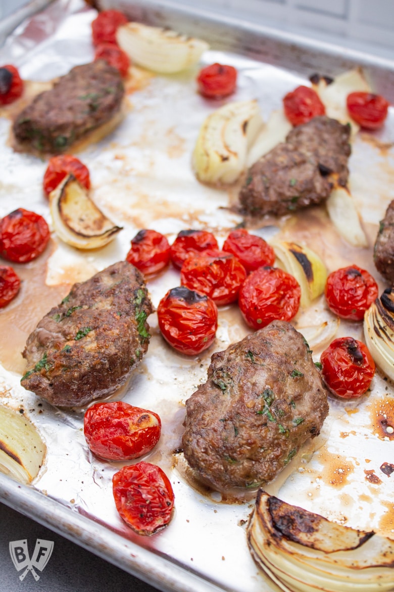 Overhead view of Broiler Kebab Sheet Pan Meal