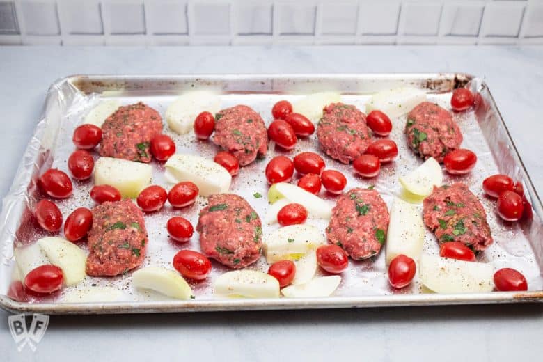 Overhead view of Broiler Kebab Sheet Pan Meal ready for the oven