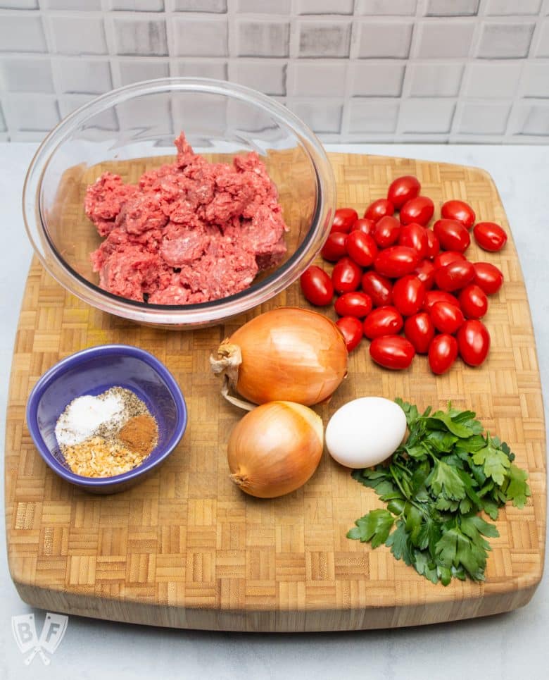 Overhead view of ingredients for Broiler Kebab Sheet Pan Meal