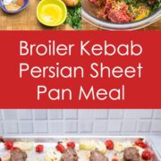 Overhead view of ingredients and steps for Broiler Kebab Sheet Pan Meal