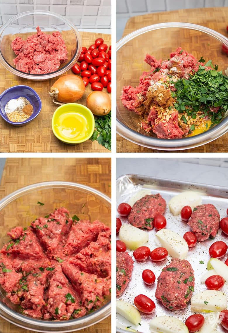 Collage of 4 photos showing ingredients and steps for making Broiler Kebab Sheet Pan Meal