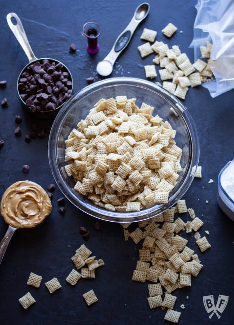 Overhead view of ingredients for Puppy Chow (AKA Muddy Buddies)