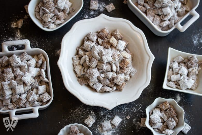 Overhead view of bowls of Puppy Chow (AKA Muddy Buddies)