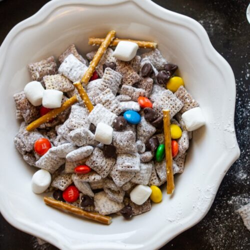 Overhead view of bowls of Puppy Chow (AKA Muddy Buddies)