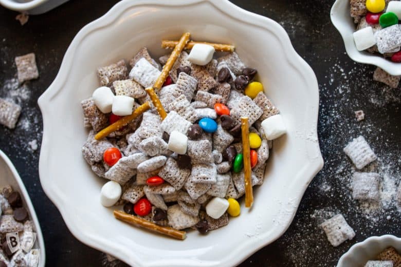 Overhead view of bowls of Puppy Chow (AKA Muddy Buddies)