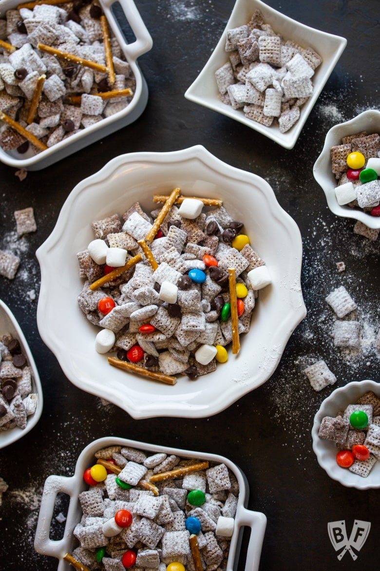 Overhead view of bowls of Puppy Chow (AKA Muddy Buddies)