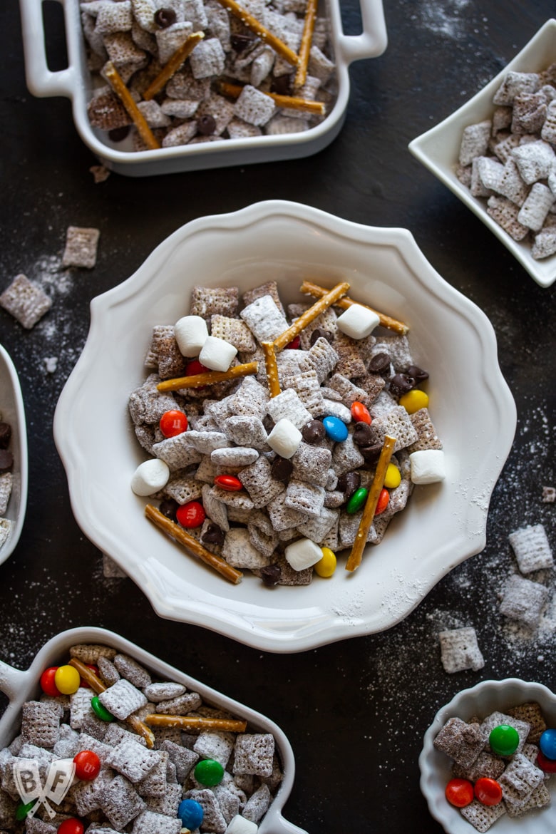 Overhead view of bowls of Puppy Chow (AKA Muddy Buddies)