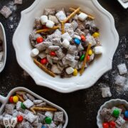 Overhead view of bowls of Puppy Chow (AKA Muddy Buddies)