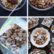 Overhead view of steps for making Puppy Chow (AKA Muddy Buddies)