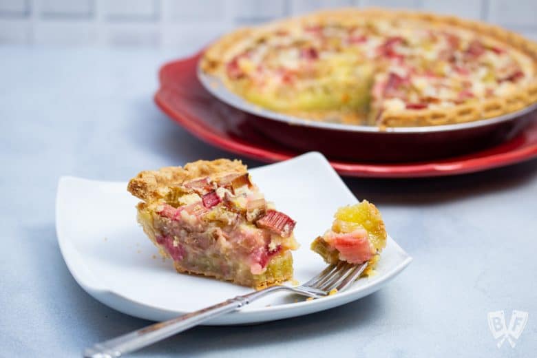 Slice of rhubarb custard pie on a plate with a fork holding a bite.