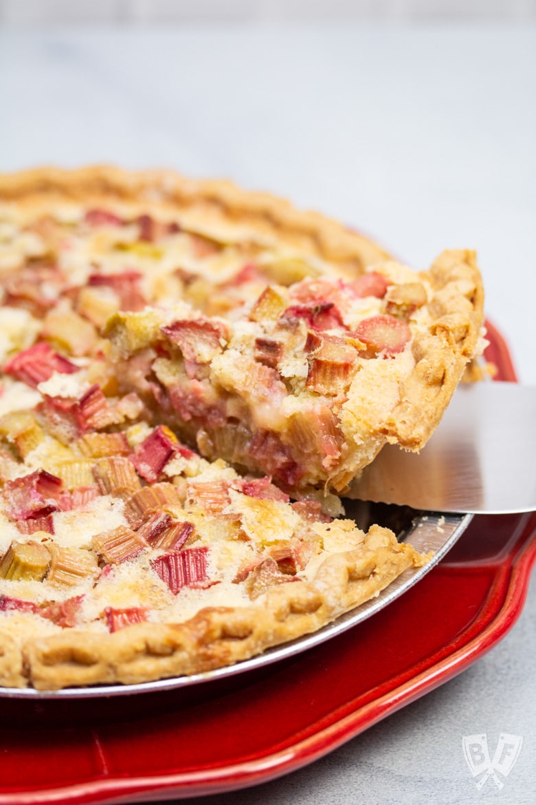 Lifting a slice out of a rhubarb custard pie.