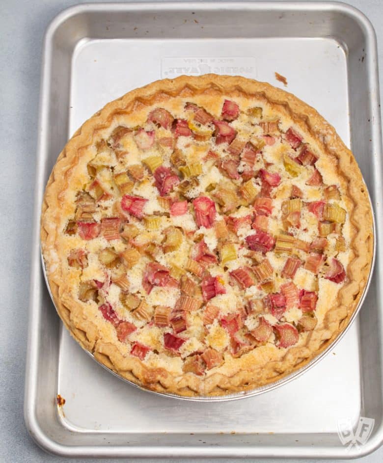 Overhead view of a freshly baked rhubarb custard pie on a baking sheet.