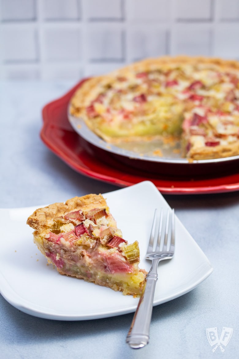 Rhubarb custard pie on a plate with a fork next to the pie plate.