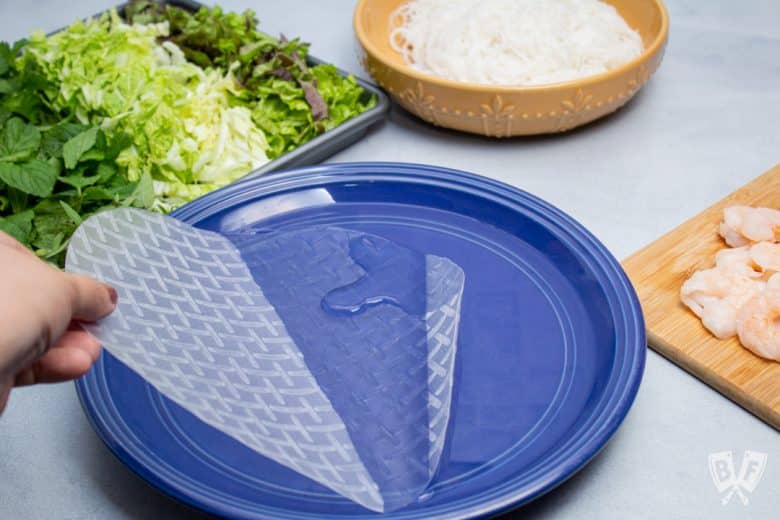 Rice paper round being dipped into water to make Vietnamese Fresh Spring Rolls with Shrimp