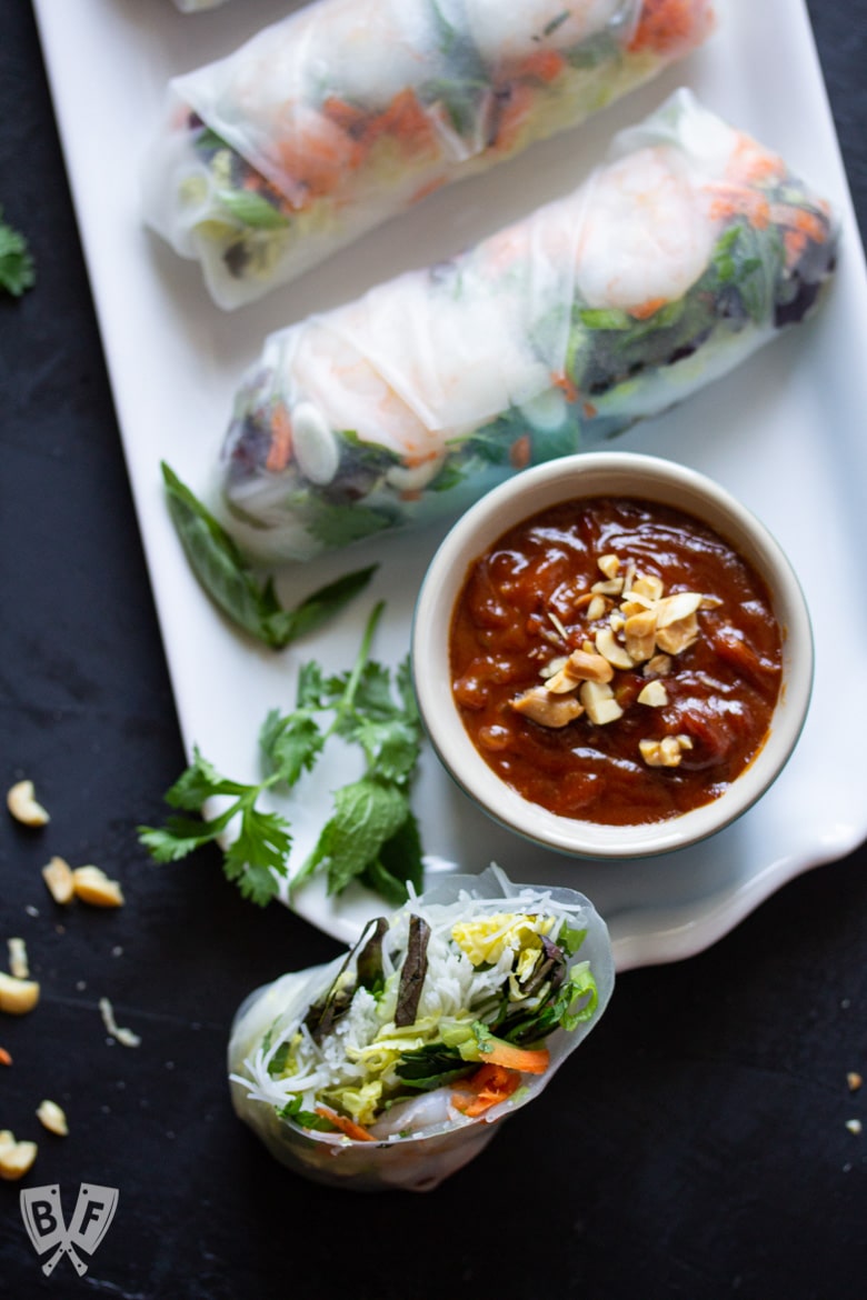 Platter of Vietnamese Fresh Spring Rolls with Shrimp + Peanut Sauce.