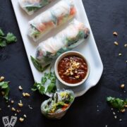 Platter of Vietnamese Fresh Spring Rolls with Shrimp + Peanut Sauce