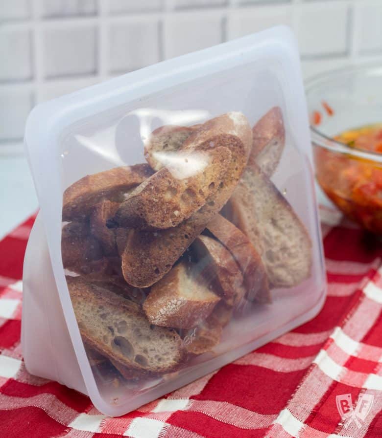 Toasted baguette stored in a stand-up stasher bag