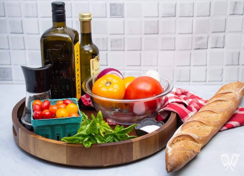 Tray of ingredients for making Italian bruschetta