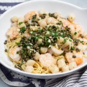 Bowl of Shrimp + Scallop Linguine with Lemon Caper Butter