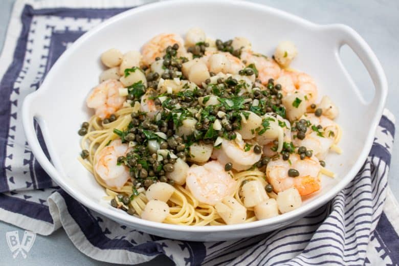 Bowl of Shrimp + Scallop Linguine with Lemon Caper Butter