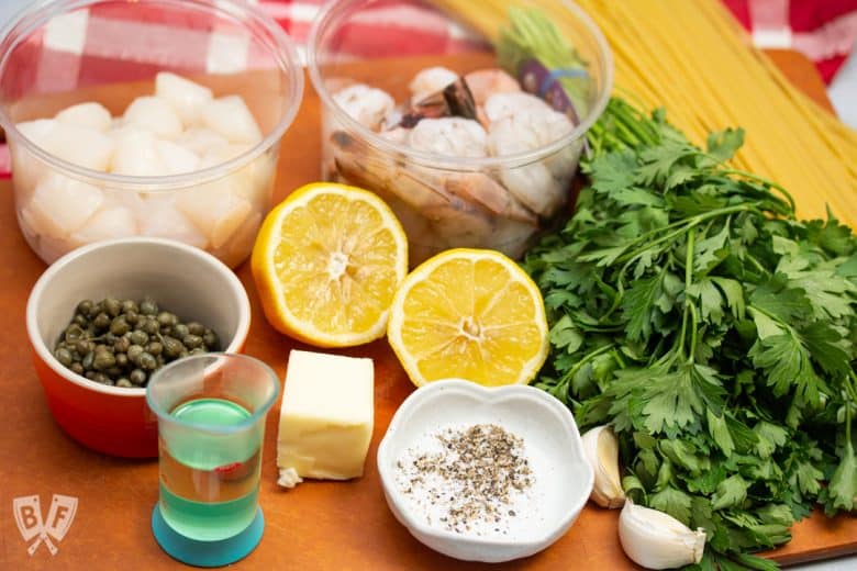 Ingredients for Shrimp + Scallop Linguine with Lemon Caper Butter