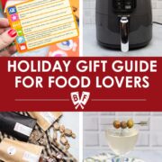 Assortment of holiday gifts for food lovers: foodie trivia game, air fryer, small batch candies, cocktail accessories