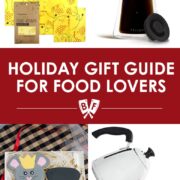 Assortment of holiday gifts for food lovers: beeswax wrap, coffee carafe, custom cookies, gooseneck kettle