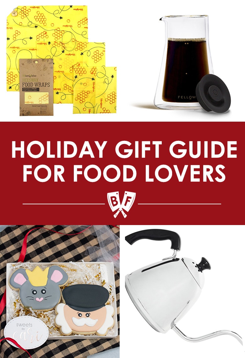 Assortment of holiday gifts for food lovers: beeswax wrap, coffee carafe, custom cookies, gooseneck kettle