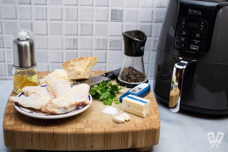 Ingredients and supplies for Air Fryer Garlic Parmesan Chicken Wings