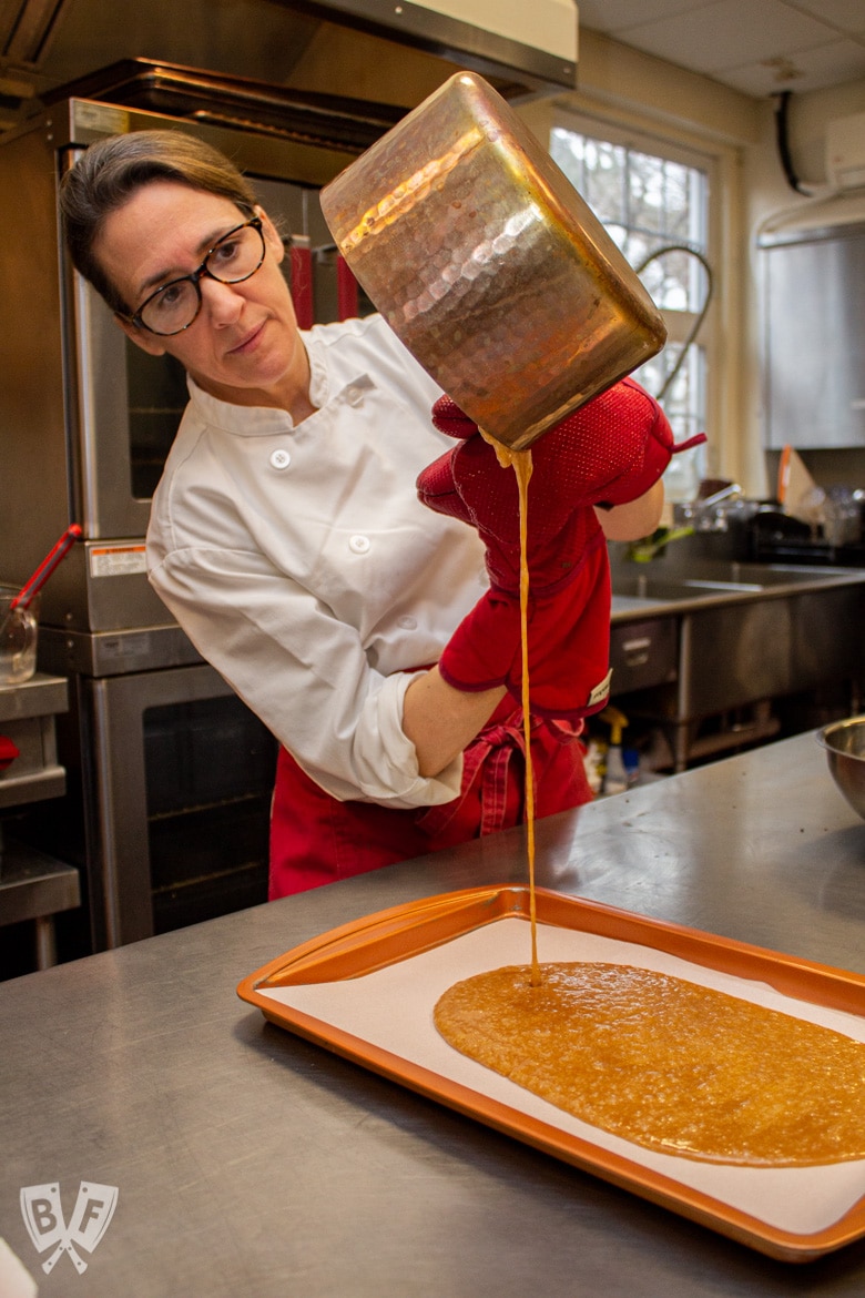 Pouring caramel for homemade toffee