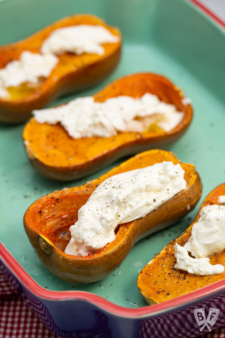 Roasted honeynut squash topped with burrata cheese